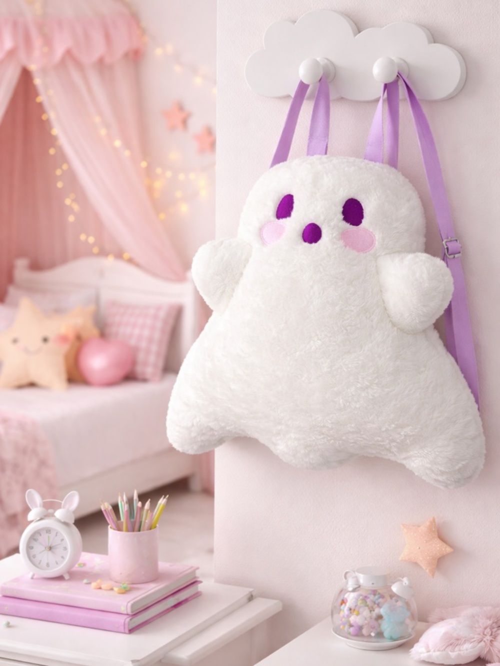 Plush Cloud Ghost Backpack plush in White with Purple Accents